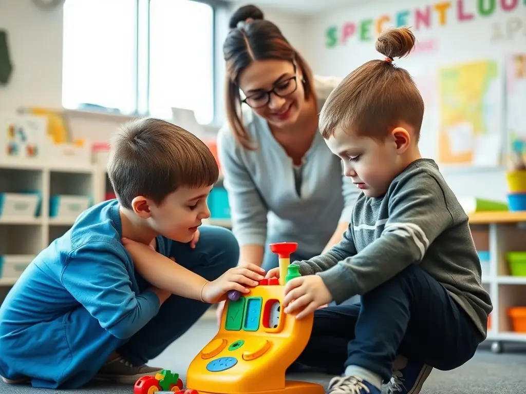 A teacher assisting a child with learning activities in a special education classroom.