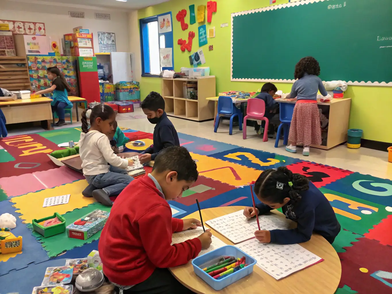 Children participating in an interactive educational program with a special educator.