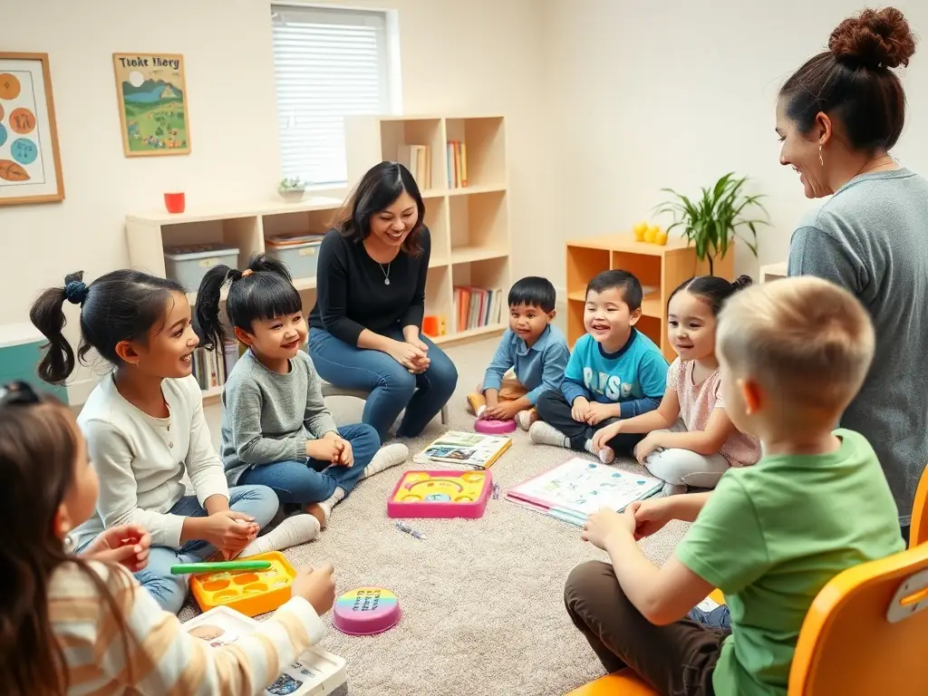 Children engaged in a speech therapy session with a therapist, focusing on communication skills.