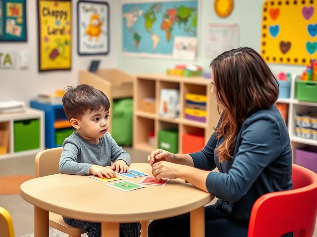 A child engaged in a speech therapy session with a therapist in a colorful therapy room.